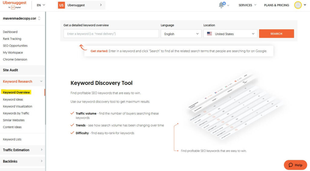 keyword overview in ubersuggest